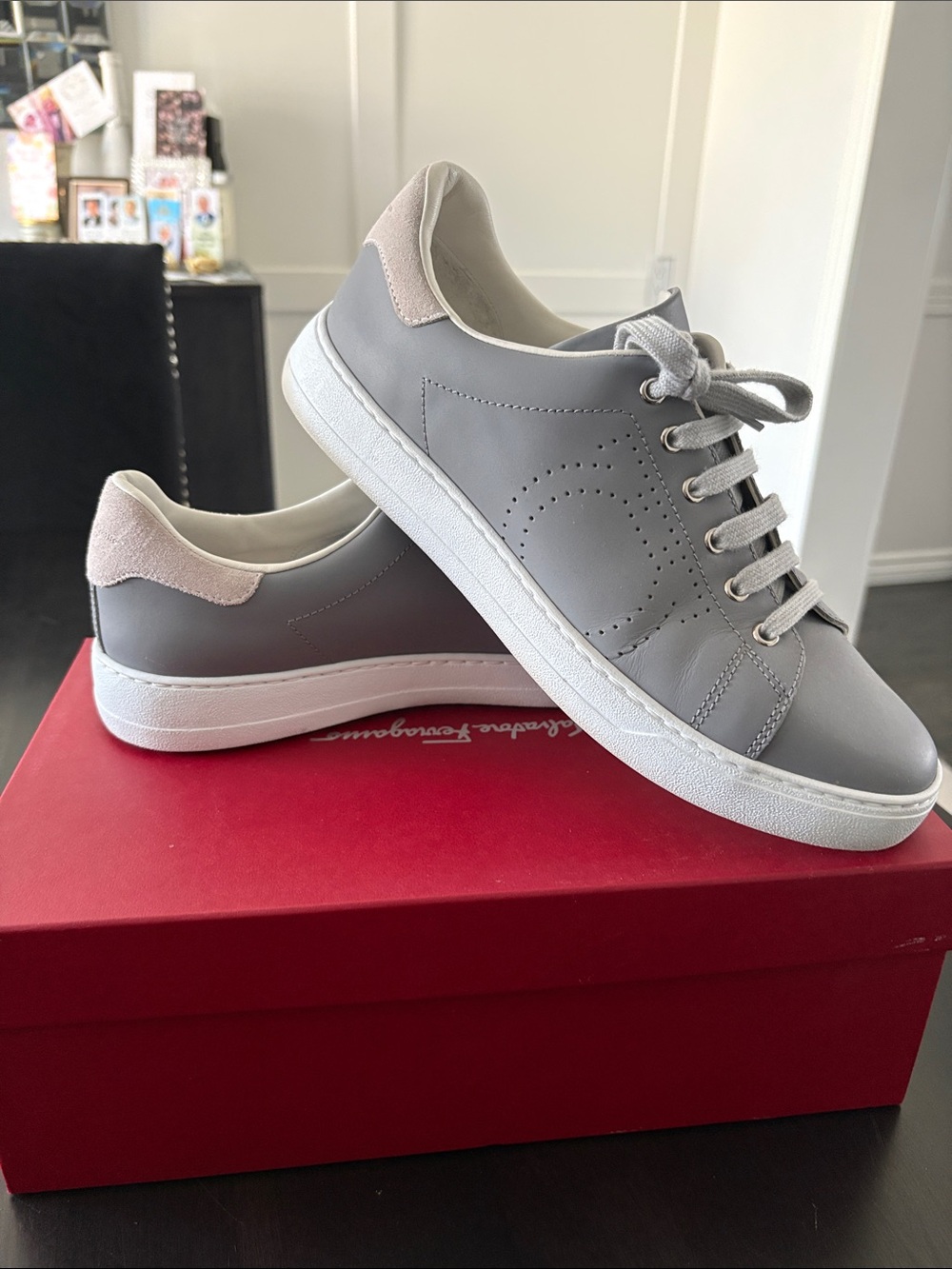Salvatore Ferragamo Gray and Pink Leather Sneakers